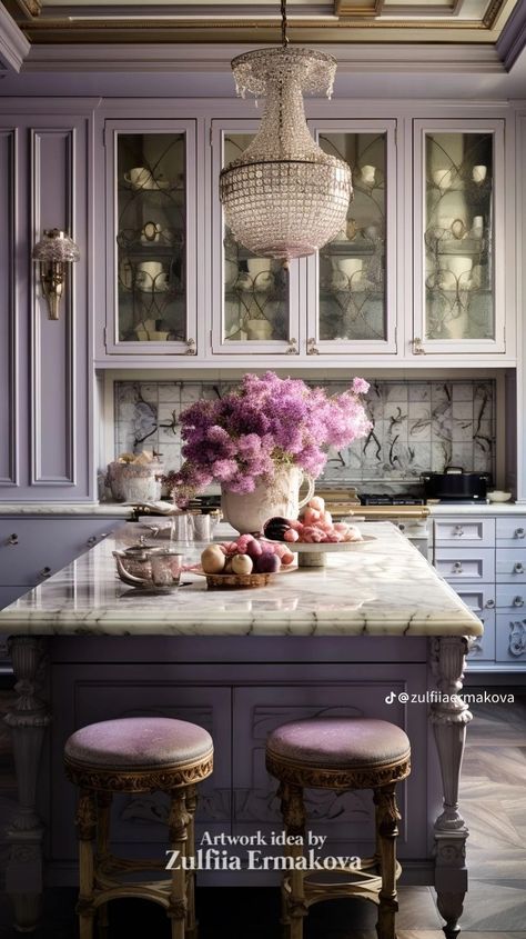 Lilac Kitchen, Lavender Kitchen, Princess Kitchen, Country Chic Kitchen, Luxurious Kitchens, Glazed Kitchen Cabinets, Beach Kitchen, Purple Kitchen, Victorian Kitchen