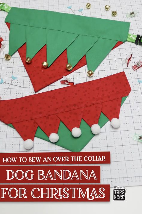 DIY Christmas Dog Bandana will transform any pup into a holiday hound with this easy-to-make over the collar dog bandana. Sewing for pets video tutorial and written directions makes this a great sewing for beginners project. Cute Dog Bandanas Diy, Things To Make For Dogs To Sell, Dog Christmas Crafts Diy Projects, Make Dog Bandana Diy, Sewing Pet Projects, Dog Scarves Patterns, Dog Hat Pattern Sewing, Dog Bandana Pattern Over The Collar, Sewing Dog Collar