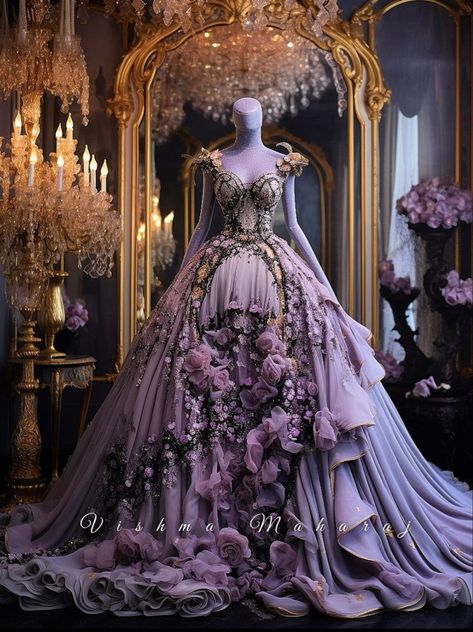 Fantasy Ballgown, Rose Dress Outfit, Purple Ballgown, Vishma Maharaj, Fantasy Cottagecore, Dreamy Gowns, Beautiful Long Dresses, High Fashion Dresses, Purple Prom Dress