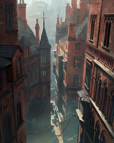 Brickton Residential - A morning view from tall brick industrial houses. Would this setting be an ideal place to live? - #photoshop #paintover #midjourney #mattepainting #digitalart #digitalpainting #painting #conceptart #artdirection #illustration #environment #mood #architecture #brick #town #city #industrial #revolution #townscape #tall #buildings #old #foggy #red #residential #house #houses #vintage #bricks #retro Old City Concept Art, Industrial Revolution Architecture, Industrial Revolution Aesthetic, Mood Architecture, Illustration Environment, Revolution Art, Industrial City, Poo Poo, Pee Pee