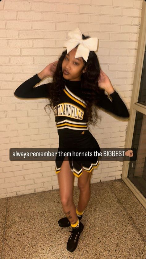 Black And White Cheer Uniforms, Yellow Cheerleader Uniform, Stomp And Shake Uniforms, Black And Gold Cheer Uniforms, Cheer Athletic, Track Outfits, Black Cheerleaders, Cheer Athletics, Cheerleading Uniforms