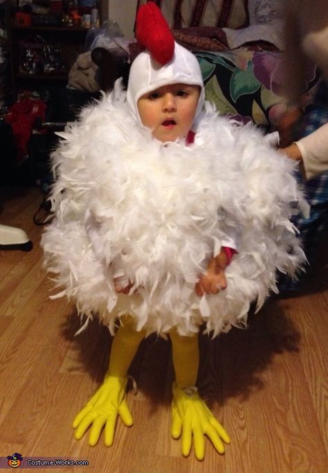 Rooster Halloween Costume, Infant Chicken Costume Diy, Infant Chicken Costume, Mother Hen Costume, Diy Baby Chicken Costume, Diy Baby Costumes Girl, Diy Chicken Costume Toddler, Chicken Trunk Or Treat, Diy Chicken Costume Kids