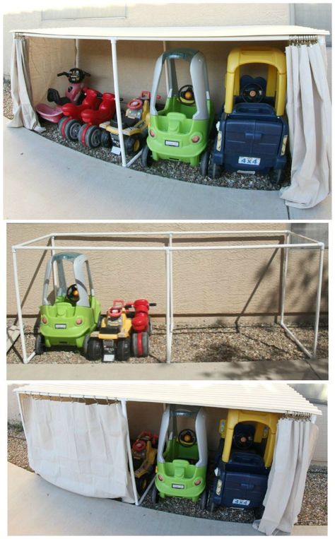 Needs to be a little taller for big kid bikes DIY Covered Kiddie Car Parking Garage ~ Outdoor Toy Organization Outdoor Toy Organization, Garage Daycare, Outdoor Toy Storage, Garage Outdoor, Diy Toy Storage, Biking Diy, Pvc Pipe Projects, Pvc Projects, Daycare Ideas