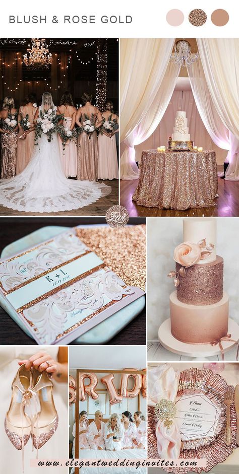 Champagne Wedding Theme Color Schemes, Wedding Rose Gold Theme, Vellum Belly Band, Elegant Wedding Colors, Wedding Theme Color Schemes, Rose Gold Wedding Decor, Blush Wedding Colors, Wedding Color Combinations, Rose Gold Theme