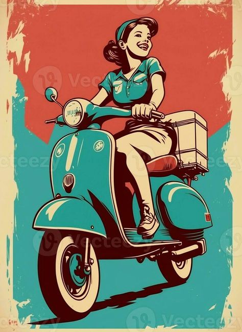 Vintage retro poster, woman on a moped. Advertising poster 50s, 60s, coffee sale. Grunge poster. AI Generated 1940s Advertisements, 60s Advertisements, 50s Advertisements, 60s Advertising, Vintage Ads 1950s, 1960s Posters, Coffee Sale, Grunge Posters, Ad Ideas