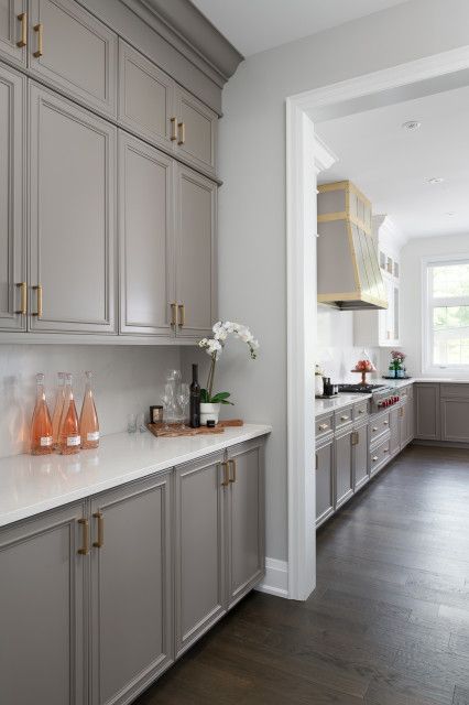 Project Polly - Transitional - Kitchen - Toronto - by Sonia Sudan Interiors | Houzz Light Gray Cabinets With Brass Hardware, Gray Kitchen Gold Hardware, Cabinets With Brass Hardware, Kitchen Cabinet Hardware Ideas, New House Aesthetic, Cabinet Hardware Ideas, Kitchen Cabinets And Backsplash, Gray Shaker Cabinets, Light Grey Kitchen Cabinets