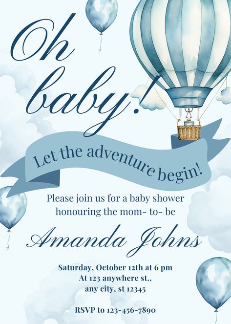 Introducing our Boy Adventure Baby Shower Invitation Bundle! Dive into a world of wonder with Our charming blue hot air balloon baby shower theme, perfect for your little adventurer's arrival. This travel-inspired bundle includes everything you need to set the tone for your celebration, from the captivating adventure baby shower invitation to the diaper raffle card, thank you card, and books for baby card. #babyshower #adventurebabyshower #boybabyshower #babyshowerinvite #babyshowerinvitation Baby Shower Travel Theme, Air Balloon Baby Shower Theme, Watercolor Hot Air Balloon, Blue Hot Air Balloon, Baby Boy Invitations, Travel Baby Shower Theme, Balloon Invitation, Adventure Baby Shower