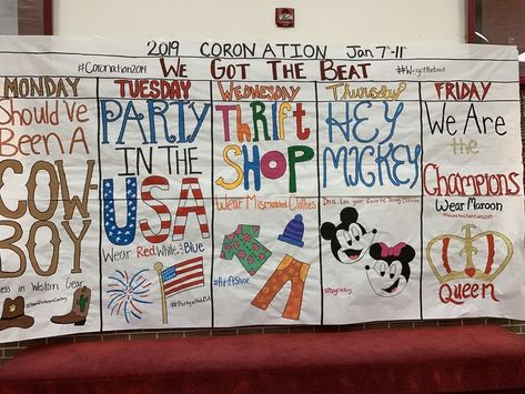 Superhero Pep Rally Posters, Homecoming Traditions High School, We Got The Beat Spirit Week, High School Homecoming Ideas, Cheer Team Themes, Football Homecoming Themes, Prom Spirit Week Ideas, Homecoming Ideas Theme Spirit Weeks, Middle School Spirit Week Ideas