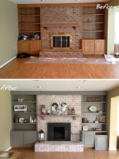 Whitewash old brick fireplace Built In Bookshelves, Fireplace Redo, Diy Fireplace Makeover, Fireplace Update, Brick Fireplace Makeover, Paint Fireplace, White Wash Brick, Fireplace Remodel, Diy Fireplace