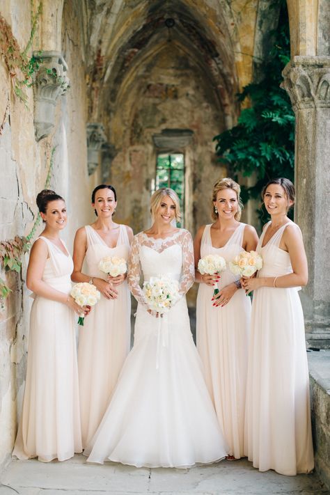 Bridesmaids in Peach Maids to Measure Dresses - M & J Photography | Peach & White Destination Wedding in Tuscany | Suzanne Neville Victoriana Bridal Gown & Jenny Packham Headdress Blue Bridesmaid Dresses Short, Maids To Measure, Indian Bridesmaid Dresses, Suzanne Neville, Bridesmaids Dress Inspiration, Wedding In Tuscany, Bridesmaid Dresses With Sleeves, Bridesmaid Inspiration, Beautiful Bridesmaid Dresses