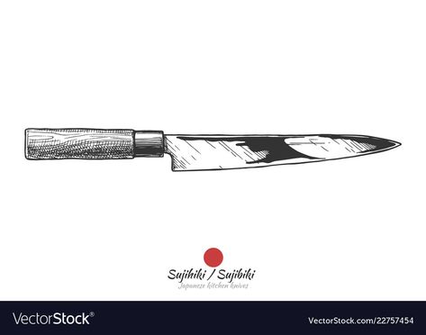 Japanese Knife Tattoo Ideas, Santoku Knife Tattoo, Japanese Chef Knife Tattoo, Chef Knife Tattoo, Sushi Drawing, Sushi Knife, Tattoo 2024, Knife Drawing, Food Tattoos