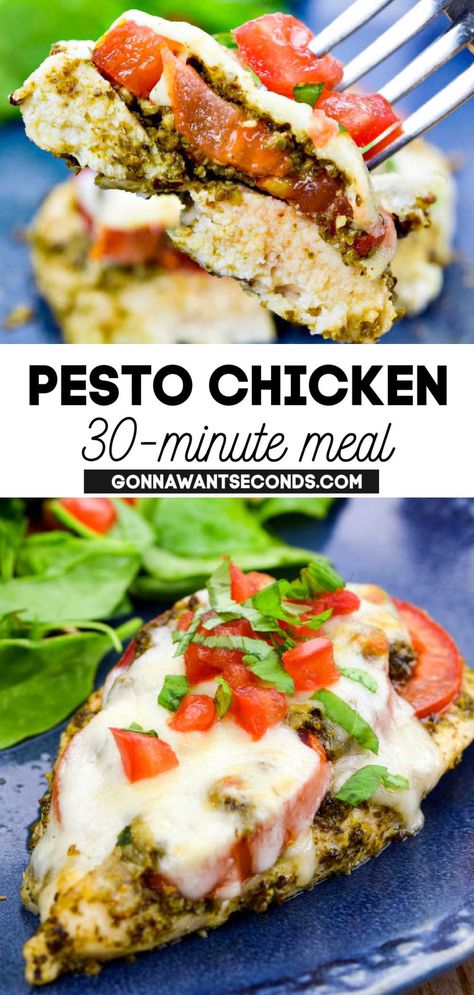 Pesto Chicken with melted cheese on top Meals With Pesto Healthy, Chicken And Pesto Recipes Healthy, Recipes With Chicken And Pesto, Pesto Chicken Stovetop, Chicken With Basil Pesto, Pesto Chicken Air Fryer Recipes, Pesto Chicken Cutlet Recipes, How To Make Pesto Chicken, Red Pesto Chicken Recipes