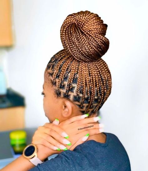 Knotless Braids in a Bun Updo Vacay Hair, Brown Box Braids, Latest Hair Braids, Big Box Braids Hairstyles, African Hair Braiding Styles, Bun Updo, Braided Bun Hairstyles, Box Braids Hairstyles For Black Women, Braided Cornrow Hairstyles