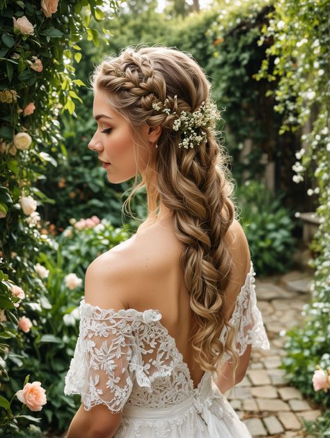 25 Trendy Wedding Hairstyles You Must Try in 2024 – Scan to Talk Braided Wedding Hairstyles With Flowers, Lord Of The Rings Wedding Hair, Half Up Wedding Hair, Romantic Updo, Wedding Day Makeup, Cut Her Hair, Trendy Wedding Hairstyles, Wedding Styling, Bridesmaid Hairstyles