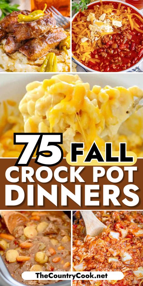 From hearty slow cooker soups to comforting pot roast dinners, there are plenty of fall crock pot dinners to choose from on this list of 75 Fall Crock Pot Dinners! 75 Fall Crockpot Recipes, Best Dinner Crockpot Recipes, Crock Pot Easy Dinner, Easy Crock Pot Dinners Families, Fall Camping Recipes Crock Pot, Hardy Crock Pot Meals, Slow Cooker Supper Ideas, Crock Pot Fall Recipes, Easy Fall Crockpot Meals