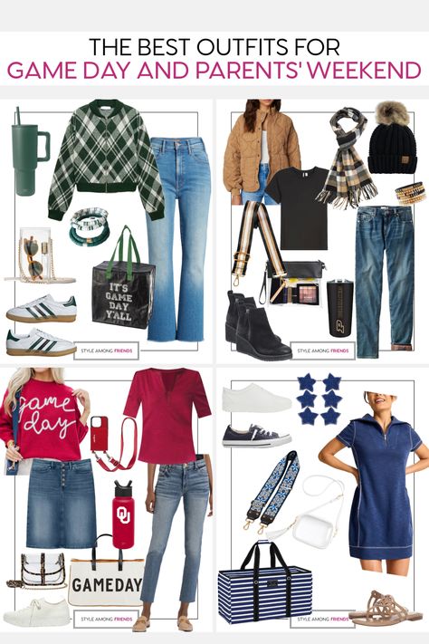 Excited to hit the road and visit your college student? Trying to decide what outfit to sport while exploring campus or attending a football game? We’re here to help! Take a look at our latest blog post featuring 8 stylish color combinations perfect for game day outfits. All approved by over 50 moms! Dads, we’ve got options for you too! Cheers to the team! #gameday #parentsweekend #collegefootball #fashionover50 Football Game Outfits For Women Over 40, College Parents Weekend Outfit, Casual Outfits For Women In Their 40s, College Parents Weekend, Mom Game Day Outfit, College Tailgate Outfit, Summer Workout Outfits, Parents Weekend, Games For Moms