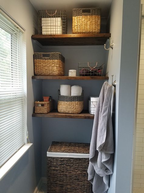 Mom Bathroom, Laundry Makeover, Wooden Shelving, Bathroom Basement, Closet And Bathroom, House Remodeling, Teen Bedroom Designs, Master Bathrooms, Bathroom Closet