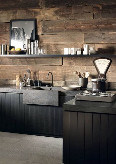 a moody industrial kitchen with black beadboard cabinets, grey stone countertops and rough wooden beam wall and a backsplash Gray Kitchen Countertops, Kitchen Trends 2020, Modern Industrial Kitchen, Koti Diy, Industrial Kitchen Design, Diy Kitchen Remodel, Kitchen Design Trends, Industrial Kitchen, Kitchen Trends