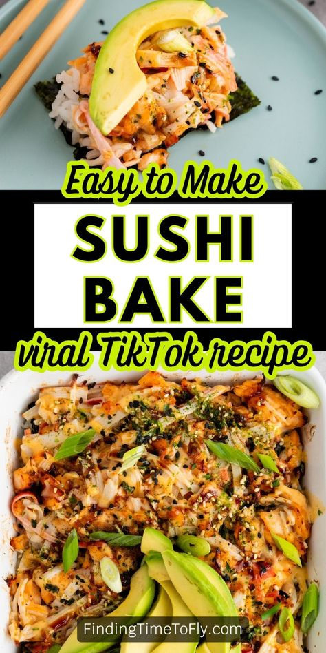 This Sushi Casserole (or Sushi Bake) is so easy to make, and you won't believe how good it tastes! Satisfy your seafood and sushi cravings with this easy to make Sushi Bake Casserole. The recipe went viral on TikTok for a good reason! It's like a sushi roll in casserole form. Great for a weeknight dinner or to serve at parties. Leftovers reheat well for lunch. This crowd-pleaseing dish will become a family favorite. Like sushi without all the effort and baked in a casserole dish. Crab Sushi Bake, Sushi Casserole, Baked Sushi Recipe, Easy Sushi Bake, Salmon Sushi Recipes, Sushi Bake Recipe, Deconstructed Sushi, Crab Sushi, Sushi Rice Recipes