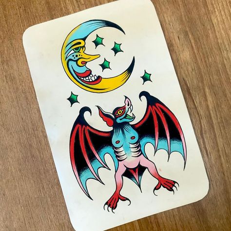 Traditional Moon Tattoo, Traditional Moon, Spaceship Tattoo, Bat Tattoo, Fantasy Tattoos, Traditional Flash, Horror Tattoo, Classic Tattoo, Traditional Tattoo Flash