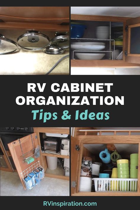 RV kitchen cabinet storage ideas and organization tips | rvinspiration.com #RVstorageideas #RVorganization #RVkitchenideas Rv Kitchen Cabinet Organization, Rv Under Sink Storage Ideas, Rv Food Storage Ideas, Rv Silverware Storage Ideas, Kitchen Cabinet Storage Ideas, Under Kitchen Sink Storage, Rv Kitchen Organization, Camper Organization Rv Living, Cabinet Storage Ideas