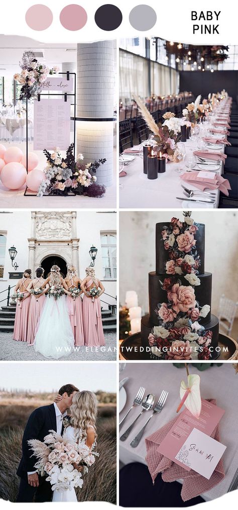 Natural Blush And Black Wedding, Black Blush And White Wedding, Modern Wedding Colours, Best Woman Outfit Wedding, Pink Black And White Wedding Ideas, Black White Gold Blush Wedding, Black Gold And Blush Wedding, Black And Colour Wedding, Color For Wedding Ideas