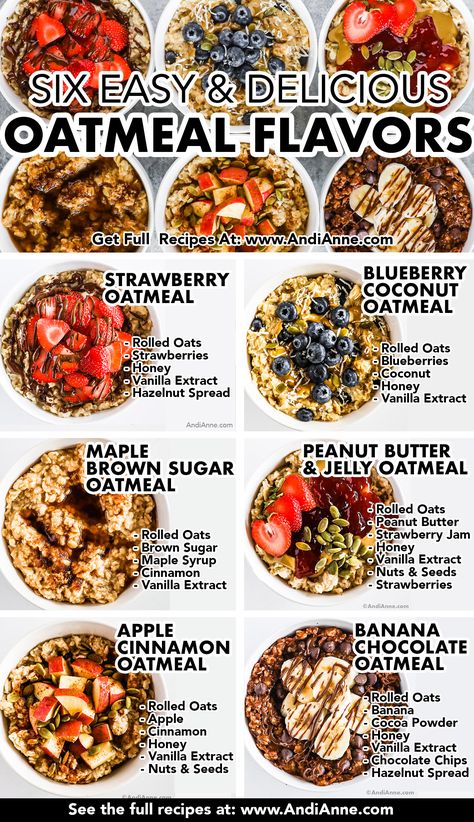 Breakfast just got easier with this collection of 6 simple, delicious and healthy oatmeal recipes! Perfect for single servings or breakfast for the whole family - everyone can use their favorite flavor to make a delicious bowl of oatmeal. Which flavor is your favorite? Resep Oatmeal, Oatmeal Flavors, Delicious Oatmeal, Bowl Of Oatmeal, Healthy Oatmeal Recipes, Oat Recipes Healthy, Breakfast Oatmeal Recipes, Overnight Oats Recipe Healthy, Easy Oatmeal