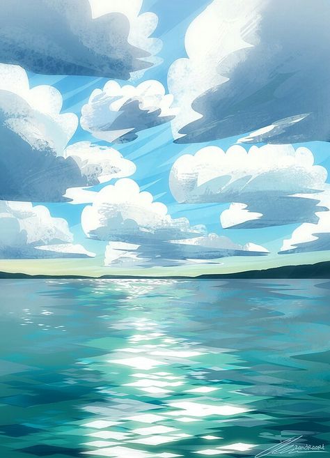 Wallpaper Fantasy, Sea Drawing, Sea Illustration, Sea Art, Landscape Illustration, Sky Art, Environment Concept Art, Environmental Art, Fantasy Landscape