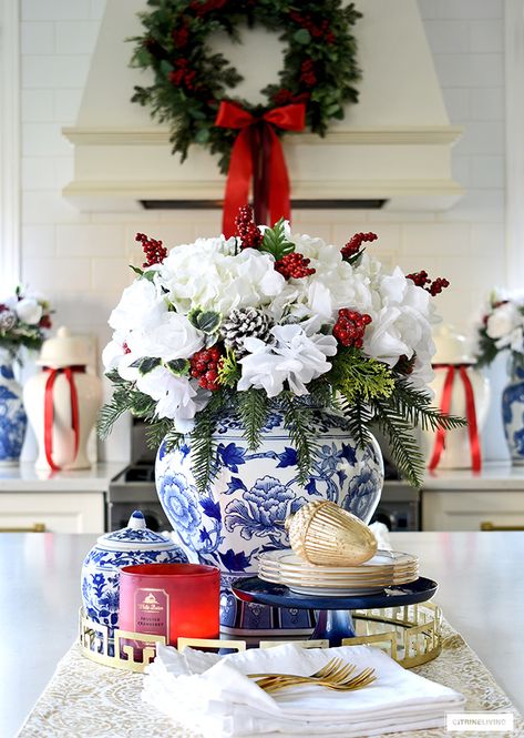 Sophisiticated Christmas Kitchen Decor in Blue and Red! | CITRINELIVING Decorating With Ginger Jars, Chinoiserie Christmas, Blue Christmas Decor, Red Christmas Decor, Tartan Christmas, Christmas Kitchen Decor, Blue And White Vase, Red Christmas Tree, Christmas Jars