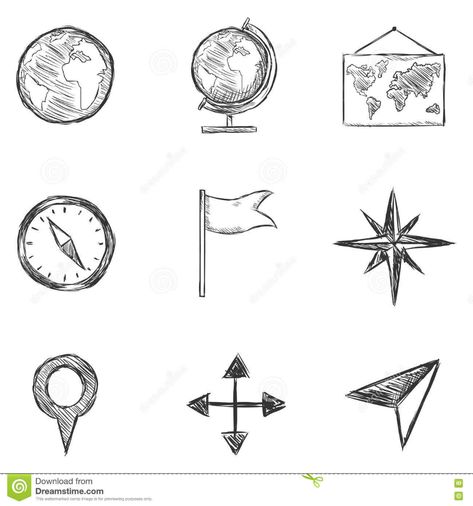 Illustration about Vector Set of Isolated Sketch Geography and Navigation Icons. Illustration of doodle, pictogram, lines - 77248861 Geography Icon Aesthetic, Geography Doodle Art, History Drawings Aesthetic, History Doodles Easy, Project For Geography, Map Doodle Simple, History Related Drawings, Doodles For History, Geography Aesthetic Drawing