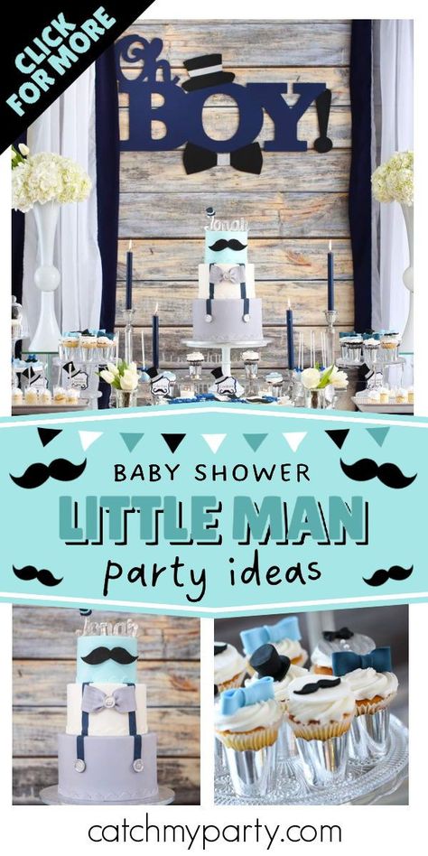 Check out this fun little man baby shower! The cake is wonderful! See more party ideas and share yours at CatchMyParty.com Little Man Baby Shower Theme, Little Man Baby Shower Ideas, Mustache Baby Shower Theme, Peyton Baby, Baby Shower Party Planning, Man Shower, Mustache Baby Shower, Baby Boy Shower Party, Sprinkle Shower