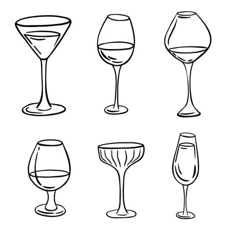 Different glasses hand draw line art. Wine, champagne, cognac and other drinks. Beverage icons for restaurant, menus and printing. Vector cartoon illustration isolated on the white background. One Line Wine Glass Drawing, Drinks Line Art, How To Draw A Wine Glass Easy, Wine Glass Drawing Simple, Drink Drawing Easy, Wine Glass Doodle, Glass Of Wine Drawing, Wine Glass Outline, Beverage Drawing