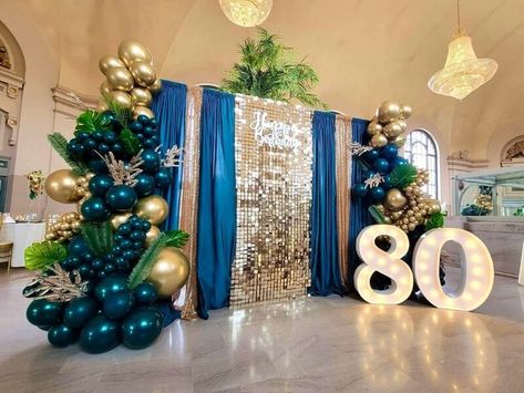 Happy Retirement Decorations, Balloon Marquee, 80th Birthday Party Decorations, Black And Gold Party Decorations, Event Decor Ideas, Party Decorations Table, 80th Birthday Decorations, Sequin Wall, Gold Backdrop