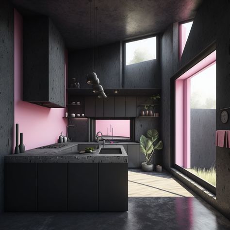 Black And Pink Kitchen, Matte Black Kitchen, Living Room Entertainment Center, Living Room Entertainment, Small Apartment Design, Future Apartment Decor, Pink Kitchen, Chic Interior, Black Kitchens