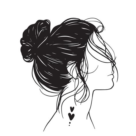 Beauty Woman In Messy Bun, Messy Bun Hair Illustration, Line Art, Silhouette, For T-Shirt Design, Mug, Tote Bag, Etc. Bun Side Profile, Messy Bun Drawing, Messy Hair Bun, Bun Messy, Illustration Line Art, Hair Illustration, Messy Bun Hairstyles, Bun Hair, Messy Hair