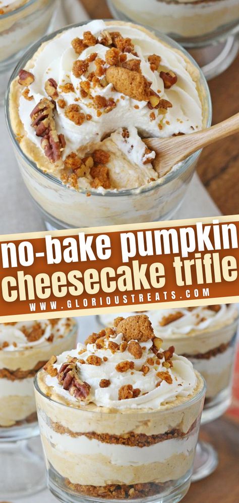 Canned Pumpkin Recipes Dessert, Pumpkin Cheesecake Trifle, Triffle Recipe, Trifle Bowl Recipes, Pumpkin Trifle, Desserts Easy Quick, Canned Pumpkin Recipes, Cheesecake Trifle, No Bake Pumpkin Cheesecake