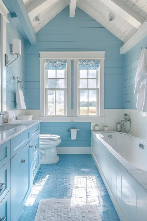 40 Ocean-Inspired Coastal Bathroom Ideas for a Coastal Escape Nautical Bathroom Colors, Blue Floor Bathroom, Light Blue Bathrooms, Pastel Blue Bathroom, Ocean Bathroom Ideas, Natural Bathroom Design, Beach Theme Home, Sea Bathroom Decor, Coastal Bathroom Ideas