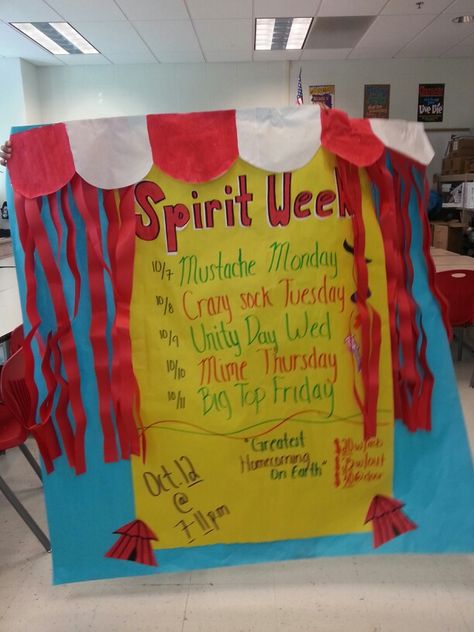 Themed spirit week posters Circus Spirit Week, Spirit Week Posters, Stuco Posters, Student Senate, Spirit Week Themes, College Homecoming, Spirit Day Ideas, Carnival Floats, Pep Club