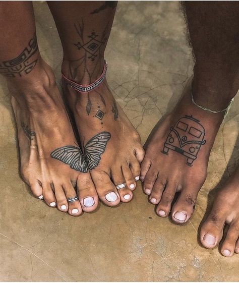 Complimenting Tattoos For Friends, Butterfly Feet Tattoos, Symmetrical Tattoo Placement, Women’s Traditional Back Tattoo, Matching Tatoos Minimaliste, Leg Tattoos Female, Serene Tattoo, Girly Leg Tattoos, Foot Butterfly Tattoo