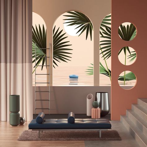 Sunset #interiordesign #design #set #setdesign #architecture #apartment #interior #sunset #sun #summer #palmtrees #furniture #3d #cgi… Mini Sala, Design Stand, Style Deco, Cinema 4d, 인테리어 디자인, Interior Spaces, Office Design, Modern Interior, Interior Inspiration