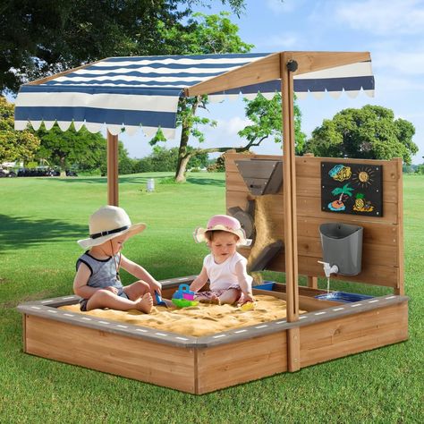 Amazon.com: Kids Large Wooden SandBoxes with Roof, Pipleo Outdoor Sand Box Play w/Canopy for Backyard Garden Beach, Sand Pit for Beach Patio Outdoor, [Adjustable Cover & Sand Funnel & Drawing Board] - Brown Oak : Toys & Games Sandbox With Canopy, Sandbox Plans, Sandbox Cover, Wooden Sandbox, Diy Sandbox, Kids Sandbox, Build A Playhouse, Bench Seats, Canopy Cover