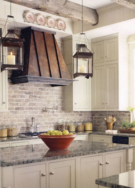 Kitchen - White washed brick backsplash + metal hood + hurricane pendants + marble just… Stile Joanna Gaines, Fancy Farmhouse, Dapur Rustic, Backsplash Decor, Brick Backsplash Kitchen, Kitchen Illustration, Farmhouse Kitchen Backsplash, Shelves Kitchen, Kabinet Dapur