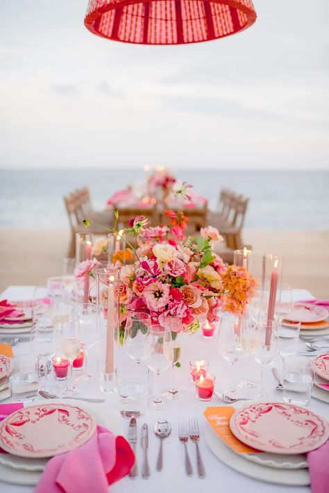 Sunset Wedding Colors, Orange Wedding Decorations, Orange And Pink Wedding, Cabo Wedding, Pink Wedding Theme, Cabo Weddings, Bright Wedding, Sunset Wedding, Wedding Theme Colors