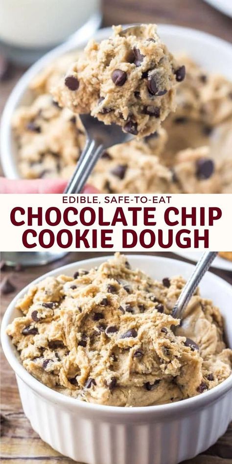 Edible Chocolate Chip Cookie Dough, Homemade Cookie Dough, Edible Cookie Dough Recipe, Cookie Dough Recipes, Edible Cookies, Edible Cookie Dough, Easy Baking Recipes Desserts, Läcker Mat, Baked Dessert Recipes