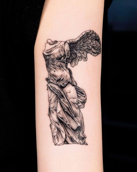 The Goddess of Victory Nike Statue Tattoos Nike Statue, Victory Tattoo, Greek Goddess Tattoo, Nike Tattoo, Nike Goddess Of Victory, Zeus Tattoo, Tattoo Filler, Clover Tattoos, Statue Tattoo