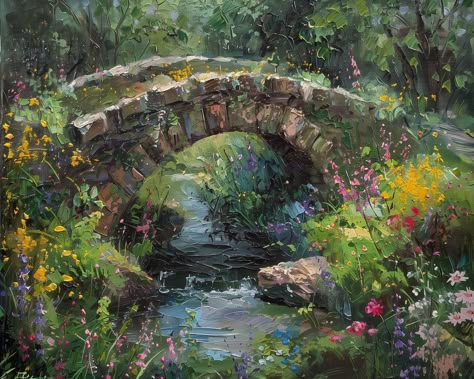 Bridge Landscape Painting, Forest Flowers Painting, Gathering Art Ideas, Flower Forest Painting, Big Landscape Paintings, Art Landscapes Painting, Over The Garden Wall Painting, Landscape Paintings Horizontal, Landscape Paintings Forest