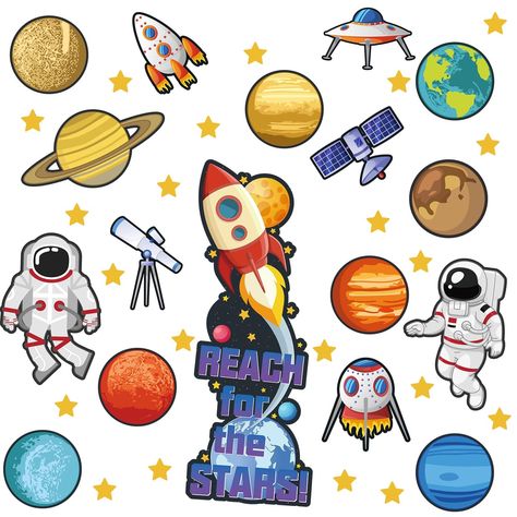 PRICES MAY VARY. Space themed classroom bulletin board decorations set includes: you will get 42 pieces of bulletin board cutouts set, each set come with 100 pieces of glue point dots, with space theme elements, like castle, star, planet, astronaut, spacecraft, instrument and so on, which make those classroom bulletin board cutouts are suitable for decorating walls, bulletin boards, doors and desks Easy to use: you can stick the glue point dots where you want, tear off the white protective film, Universe Theme Classroom Decoration, Space Themed Classroom Ideas, Space Cutouts, Space Classroom Theme, Space Themed Classroom, Space Bulletin Boards, Planet Decor, Classroom Chalkboard, Decor For Classroom