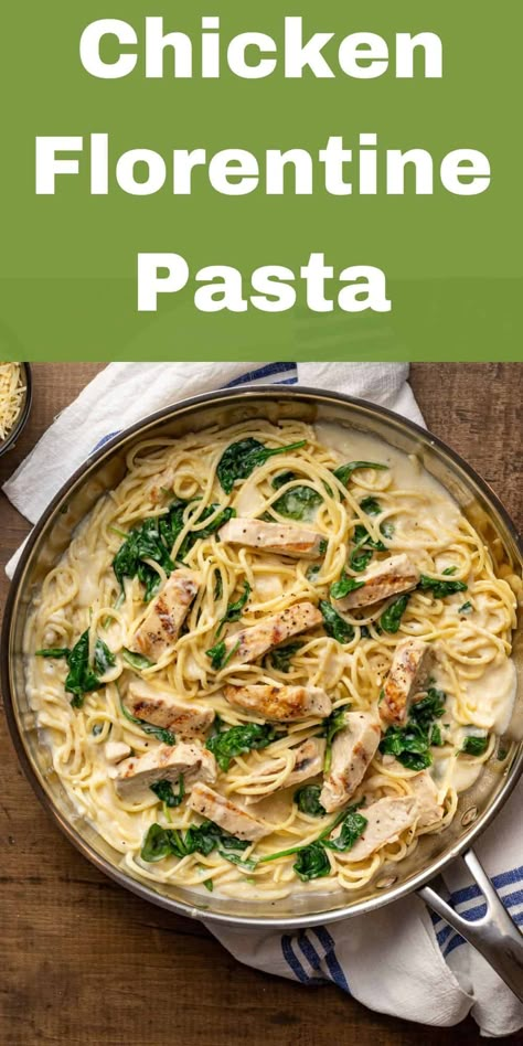 Dive into this creamy Chicken Florentine Pasta! 🍝 Tender chicken, fresh spinach, and a rich garlic-parmesan sauce make this a must-try. Perfect for dinner nights and sure to be a hit every time! #ChickenFlorentine #PastaLovers #DinnerIdeas Pasta Dish With Chicken And Spinach, Pasta Spinach Chicken, Spinach Florentine Pasta, Chicken Pacata And Pasta, Spinach Florentine, Chicken And Spinach Recipes, Creamy Chicken Florentine, Florentine Pasta, Chicken Florentine Pasta