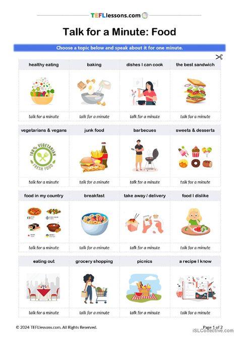 Talk for a Minute on Food Topics (Sp…: English ESL worksheets pdf & doc Talk For 1 Minute, Small Talk Topics, English Talk, Esl English, Food Vocabulary, English Activities For Kids, Food Activities, Vocabulary Practice, English Classroom