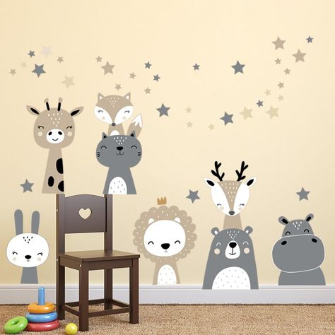 PRICES MAY VARY. Jungle safari animal wall sticker is ideal for daily use, elements included grey star, brown star, cute animal such as lion, giraffe, hippo, bear, fox, rabbit and so on. Gives your home a fresh look, also a perfect gift for your children, friends. Fanwaoo wall stickers are made of eco-friendly vinyl, easy to peel and stick, durability and waterproof. Wall decals can be applied to any smooth, clean, flat surface, suitable for decorating living room, bedroom, bathroom, playroom, n Safari Animal Wall Decals, Playroom/living Room, Stickers Cartoon, Kids Bedroom Inspiration, Animal Wall Decals, Room Baby, Waterproof Wall, Nursery Playroom, Wall Paintings